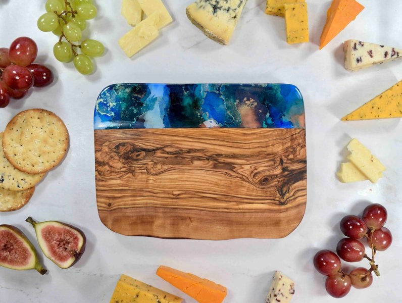 Blue Gold Cheese Board Olive Wood - 5th Wedding Anniversary Gift Ideas