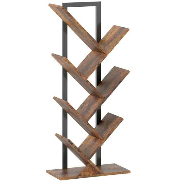 Six-section tree bookcase with rustic brown wood-effect shelves and black frame