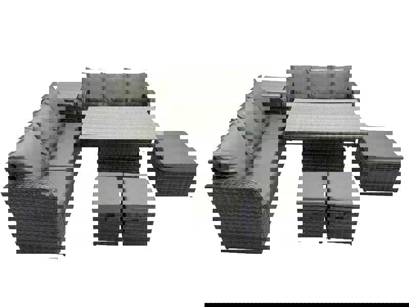 Fimous Rattan Garden Furniture Dining Set 9 seater Patio Height Adjustable Rising Lifting Table Sofa Set with Side Table 3 Footstools Dark Grey Mixed