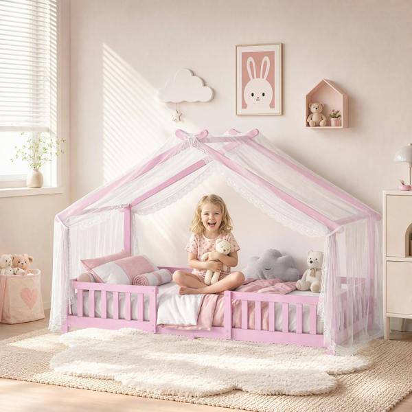AIYAPLAY Wooden Kids Single House Bed Frame with Dual Guardrails