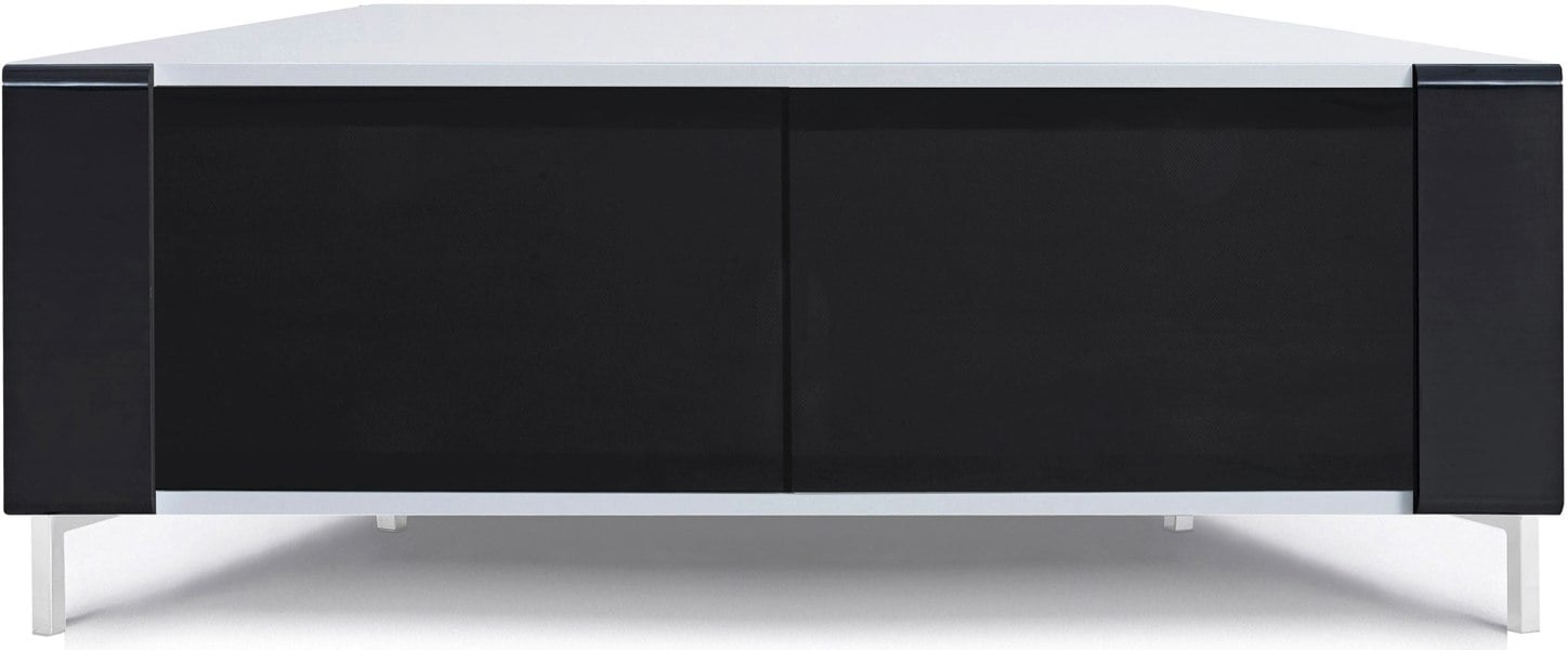 MDA Designs CORVUS Corner-Friendly Gloss White Contemporary Cabinet with Black Profiles Black BeamThru Glass Doors for Flat Screen TVs up to 50"