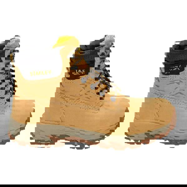 Stanley Tradesman Mens Steel Toe/Midsole Safety Work Boots, durable tan work boots with black padded collar, yellow branded tag, and sturdy outsole for industrial work.