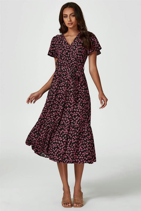 FS Collection Pink Floral Print Wrap Midi Dress In Black