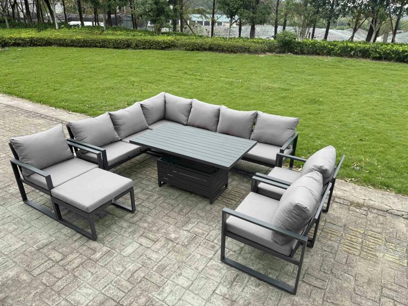Fimous Aluminium Garden Furniture Sets,10 Seater Outdoor Conversational Dining Set with Adjustable Rising Lifting Dining Table Cushions