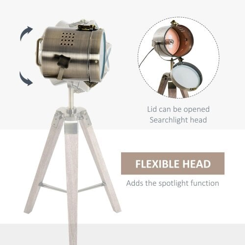 Wyld Haus Vidira Wood And Metal Brass Vintage Tripod Table Lamp With Spotlight Head