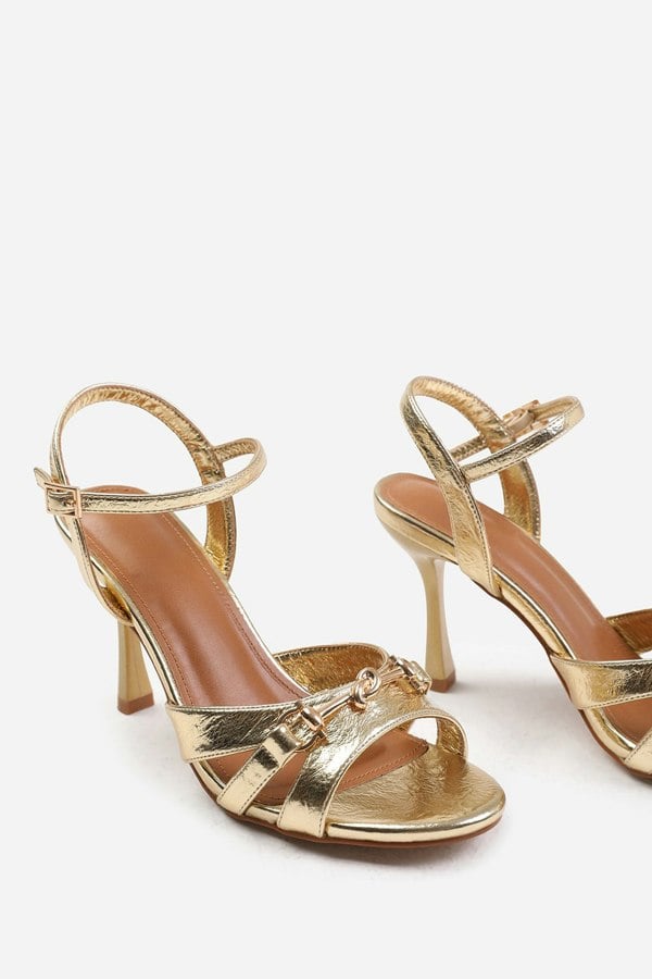 Where's That From Harriet Wide Fit Mid Heels With Metal Detailing in Gold Crease Faux Leather