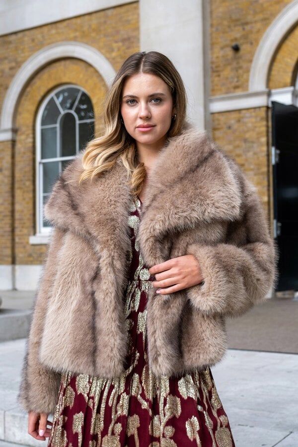 Gini London Camel Ombre Lapel Faux Fur Jacket