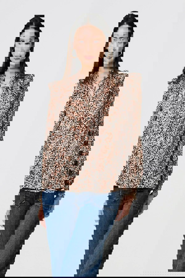 Beige | Animal Print Tie-Up Keyhole Neck Blouse
