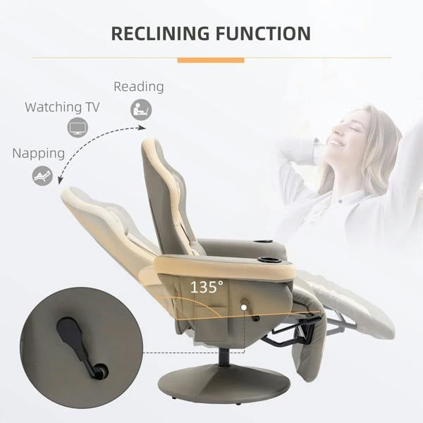 Grey 135° reclining recliner armchair with adjustable headrest and leg rest