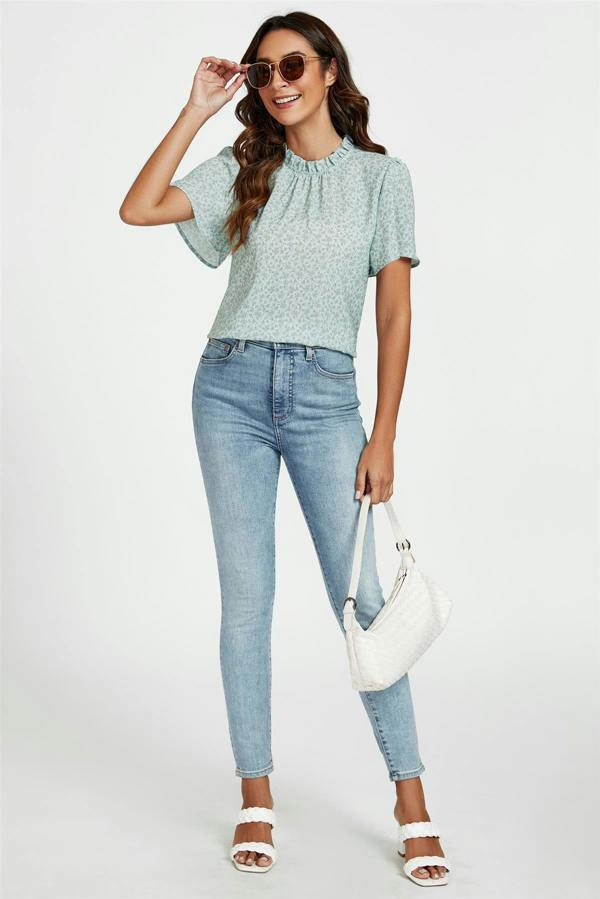 FS Collection Grey Little Floral Print Angle Sleeve High Neck Top/Blouse In Blue
