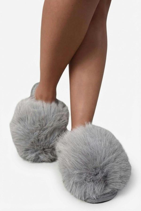 Nadia Fluffy Faux Fur Slippers - Grey_wb
