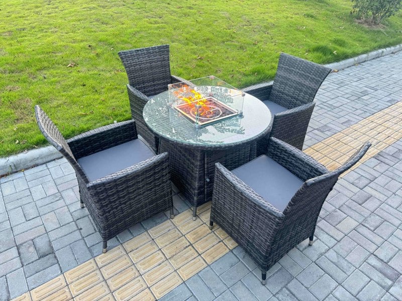 Fimous 5-Piece PE Rattan Garden Furniture with Big Round Gas Fire Pit Table and 6 Chairs for Patio Dark Grey Mixed