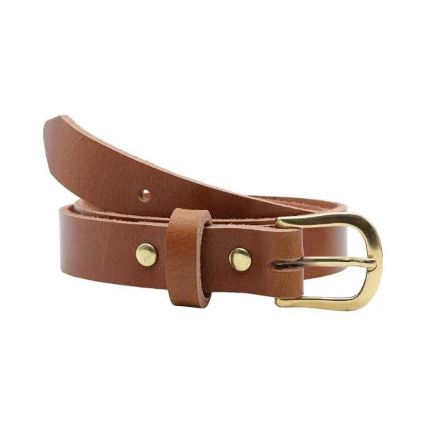 Front view of Tan leather belt with gold buckle on a white background