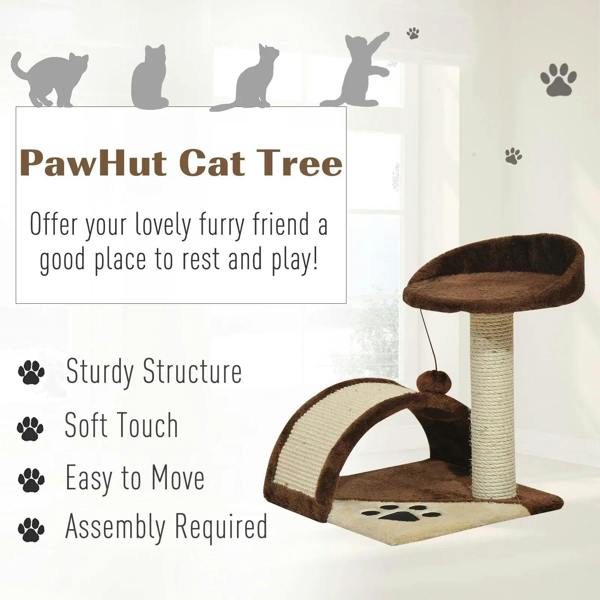 Brown cat tree scratching post with round top perch, arch scratcher, and hanging ball
