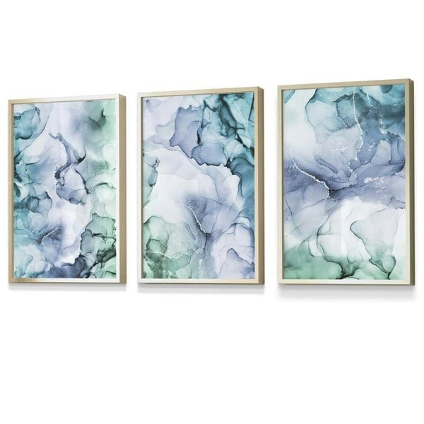 Set of 3 Abstract Floral Fluid in Blue Green and Purple Framed Wall Art | Artze Wall Art UK