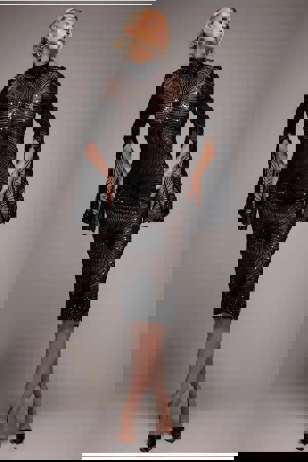 Sequin Starburst Cape Sleeve Midi Dress - Black DR4799