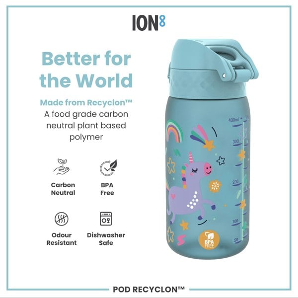 ION8 Leak Proof Kids Water Bottle, Recyclon, Blue Unicorns, 350ml (12oz)
