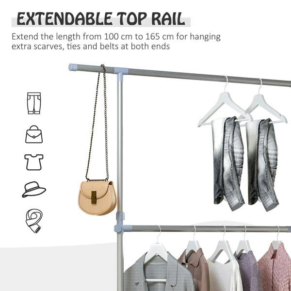 Extendable top garment rail with hangers and chain, grey steel clothing rack