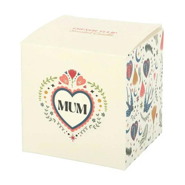 Decorative gift box for MUM heart candle, white with colorful heart graphic.