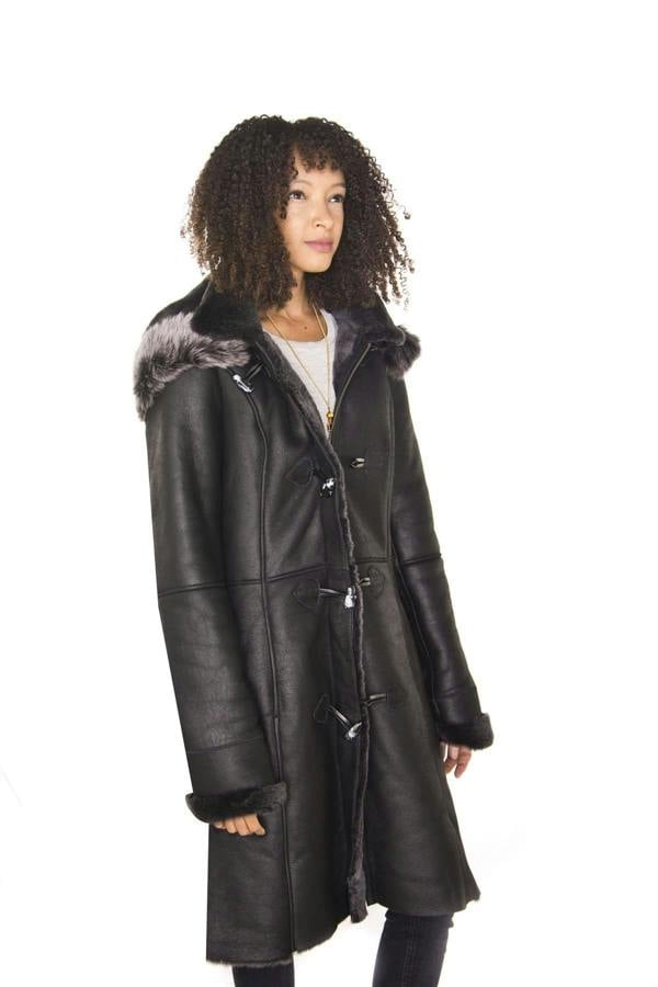 Infinity Leather Womens Black Sheepskin Hooded Duffle Coat-Ottawa