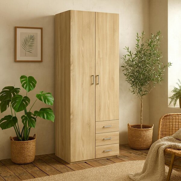 Wyld Haus Berlin Oak Effect Wardrobe 2 Doors, 3 Drawers 1 Shelf