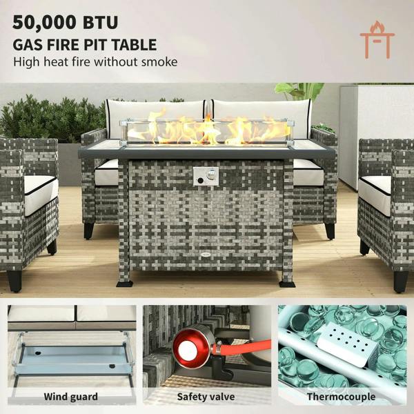 Grey rattan gas fire pit table with visible flame burner and two matching armchairs