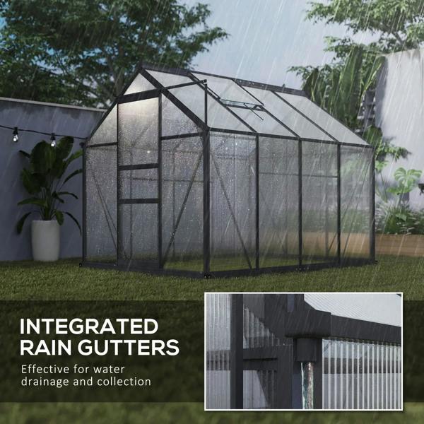Greenhouse with integrated rain gutters along roof edge, grey frame and clear polycarbonate panels