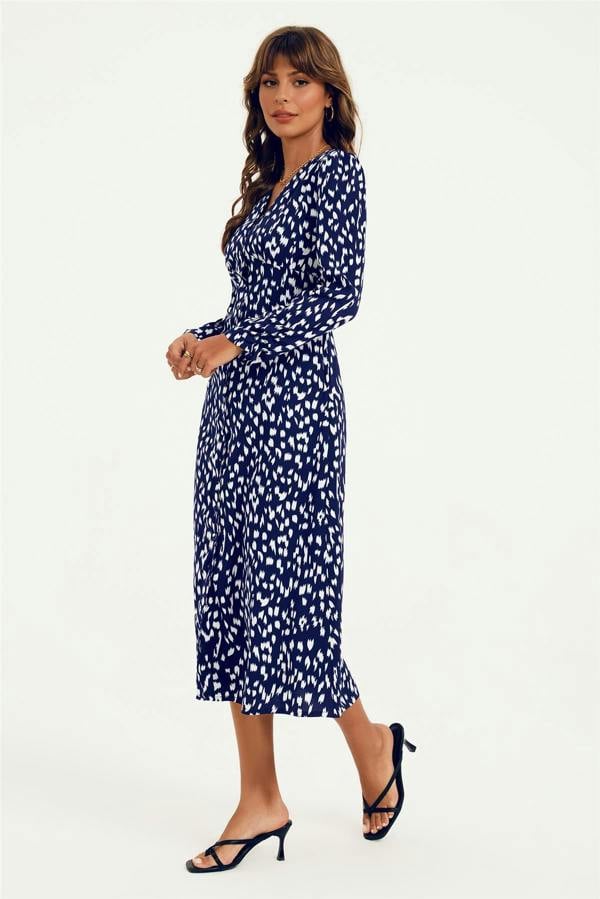 FS Collection Brushstroke Print Long Sleeve Button Front Midi Dress In Navy