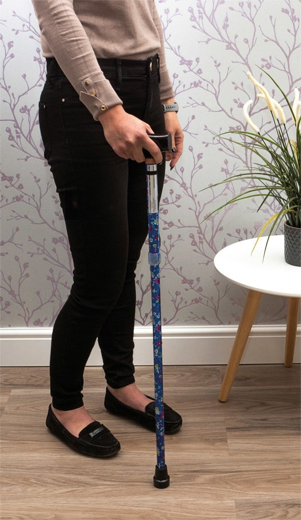 Aidapt Folding Walking Stick With Strap Blue Floral