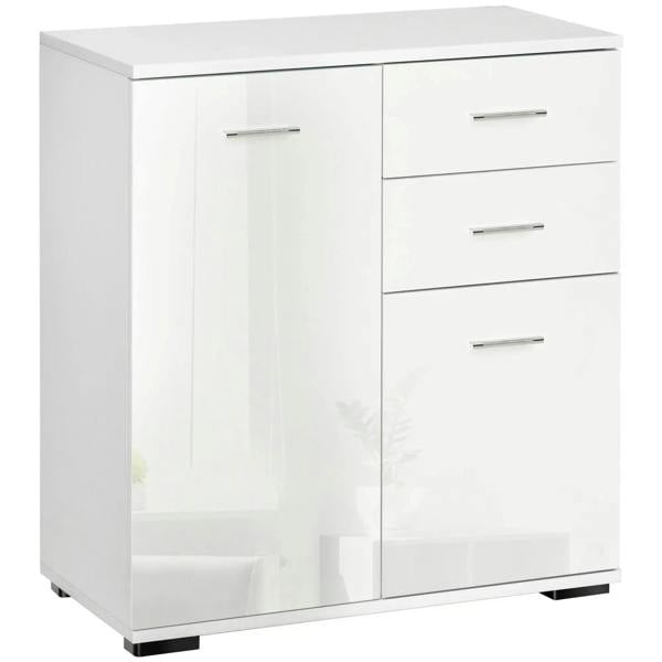 Modern white sideboard cabinet with two doors and two drawers, metal bar handles