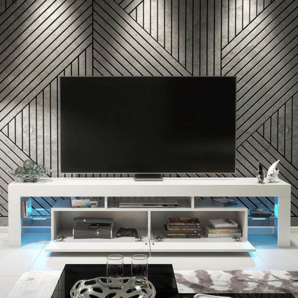 Mex Furniture Sleek Modern 200cm TV Unit Cabinet Stand White High Gloss Doors with Free LED Lights