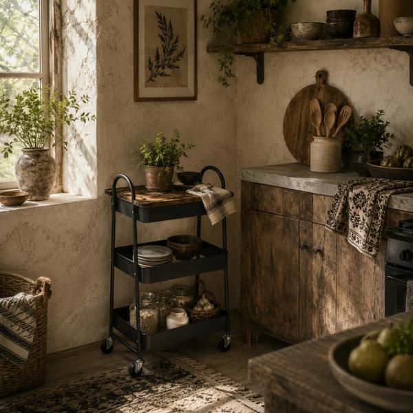 Wyld Haus Rottola Wooden Rustic Brown And Black 3 Tier Kitchen Trolley With Covered Top