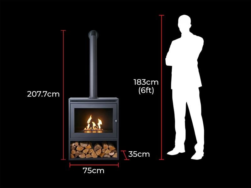 OKO S6 Bio Ethanol Stove with Log Storage in Charcoal Grey with Extra Tall Angled Metal Stove Pipe