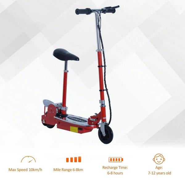 Full red electric scooter with black handlebars, seat, and front wheel