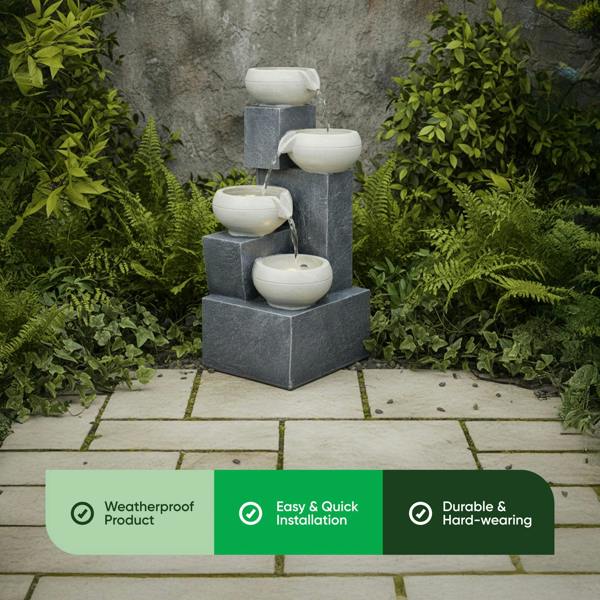 Gardenwize Solar Water Feature – 4 Tier Tabletop Fountain with LED Lights & Battery Backup