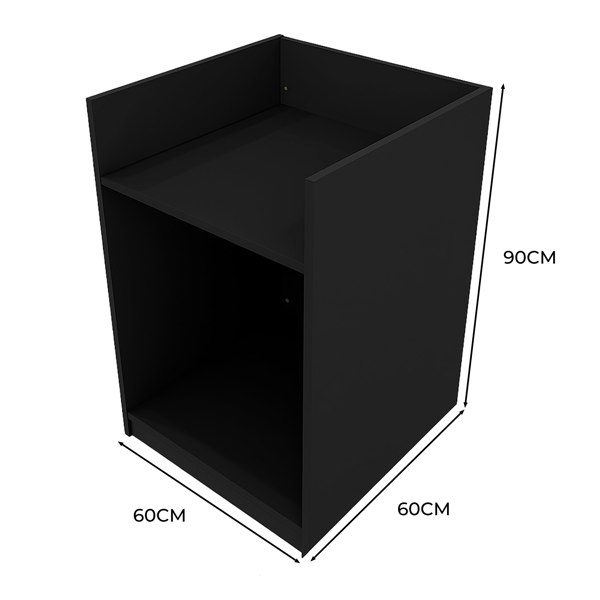 Black shop counter till block TB60, featuring a sleek design with a top shelf and open storage, measuring 60cm x 60cm x 90cm