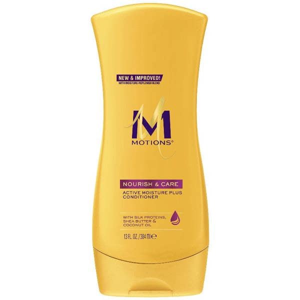 Yellow bottle of Motions Nourish & Care conditioner on a white background