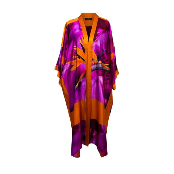 Sylvia Piechulla Bird of Paradise Printed Silk Kimono - Pink Purple