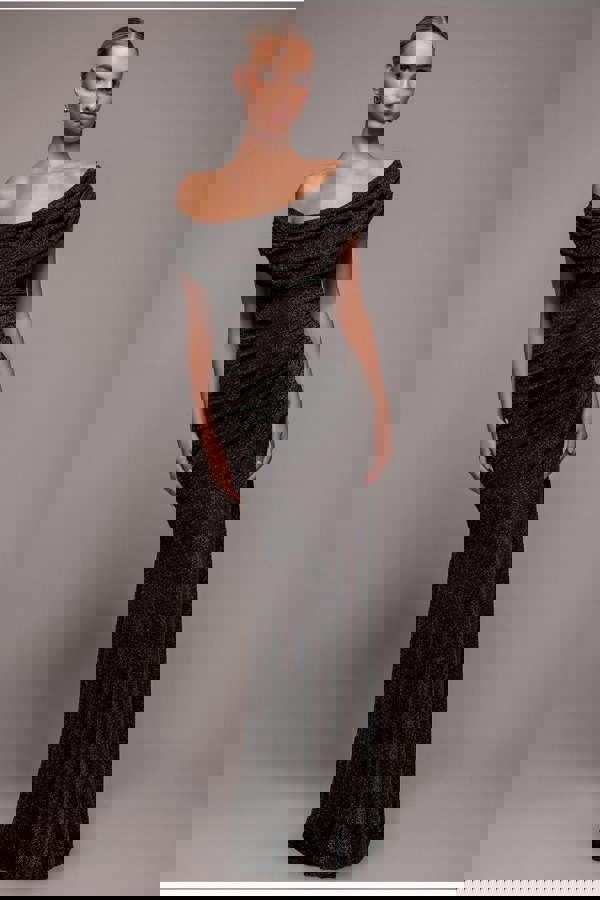 Sparkle Lurex Cowl Neck Off The Shoulder Maxi Dress - Black Gold DR4699