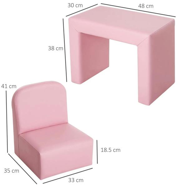 Pink toddler sofa chair with matching low table, side view with size measurements