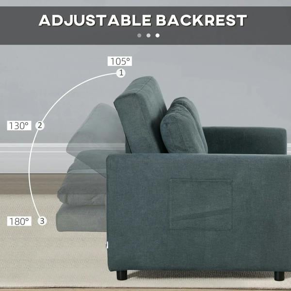 Charcoal grey loveseat sofa bed showing adjustable backrest with padded seat