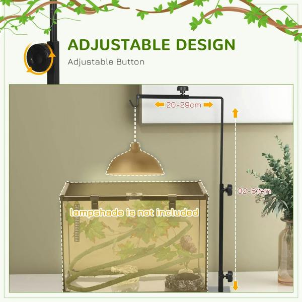 Black adjustable reptile lamp stand holder with adjustable height spacing diagram