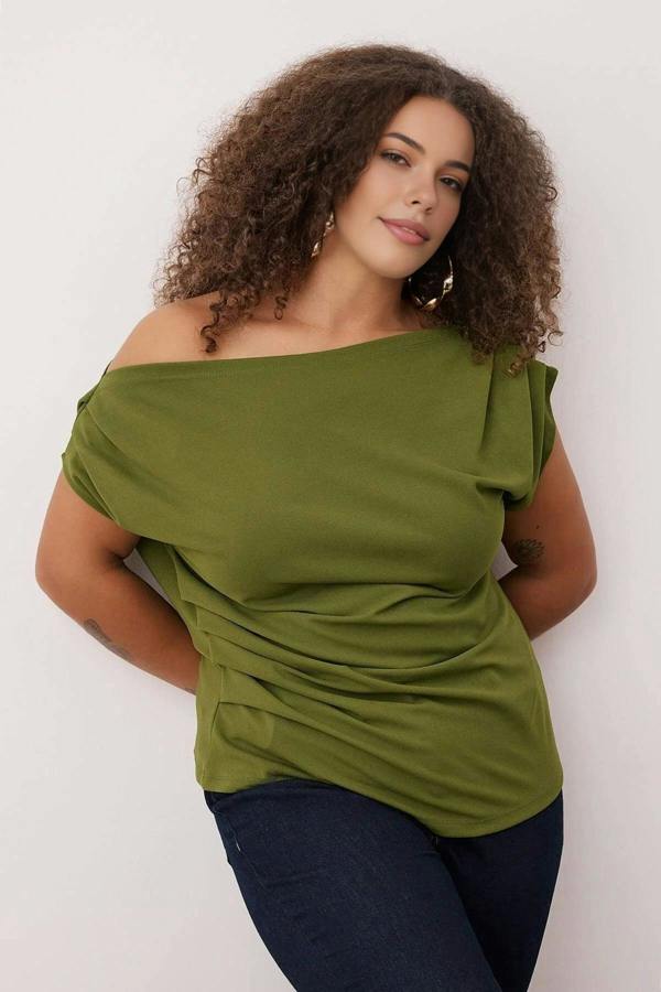 WOVCOR Draped Detail Asymmetrical Collar Knitted Blouse