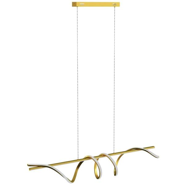 Gold tone pendant light with three curved arms and glass-like shades, long cords.
