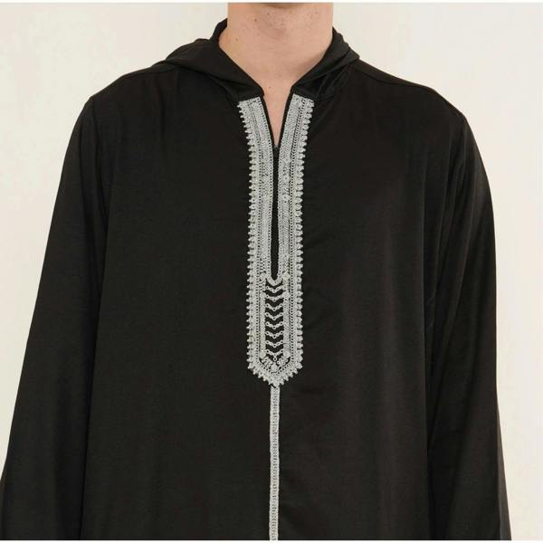 Men's Hooded Gandoura Embroidery Moroccan Thobe - Black - Thobez - 3