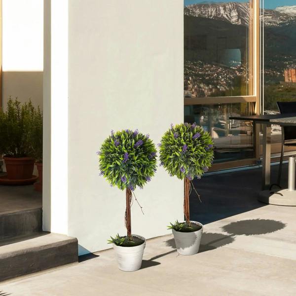 Set of 2 artificial ball tree plants with green foliage and purple blooms in white pots