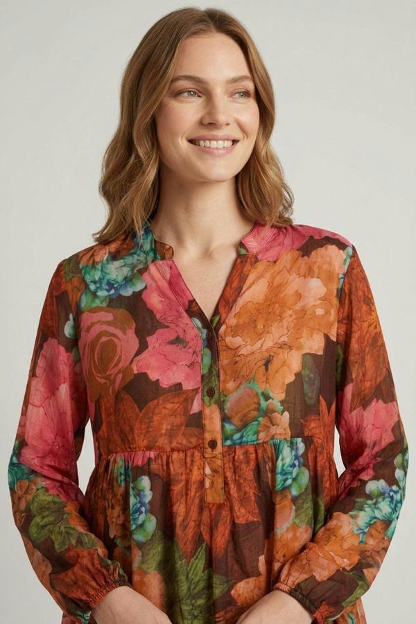 Brown | Floral Long Sleeve Relaxed V-Neck Blouse