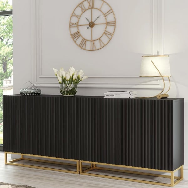 Mex Furniture Sophisticated Black Sideboard with Fluted Fronts & Gold Legs – 200cm Storage Unit