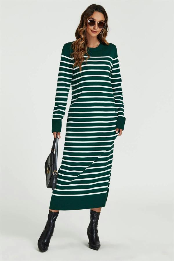 FS Collection Stripe Pattern Knitted Tunic Jumper Dress In Dark Green