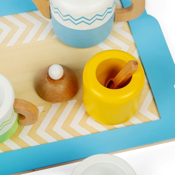 Bigjigs Toys Wooden Tea Tray Set Complete With Teapot, Cups & Saucers, Milk Jug And More